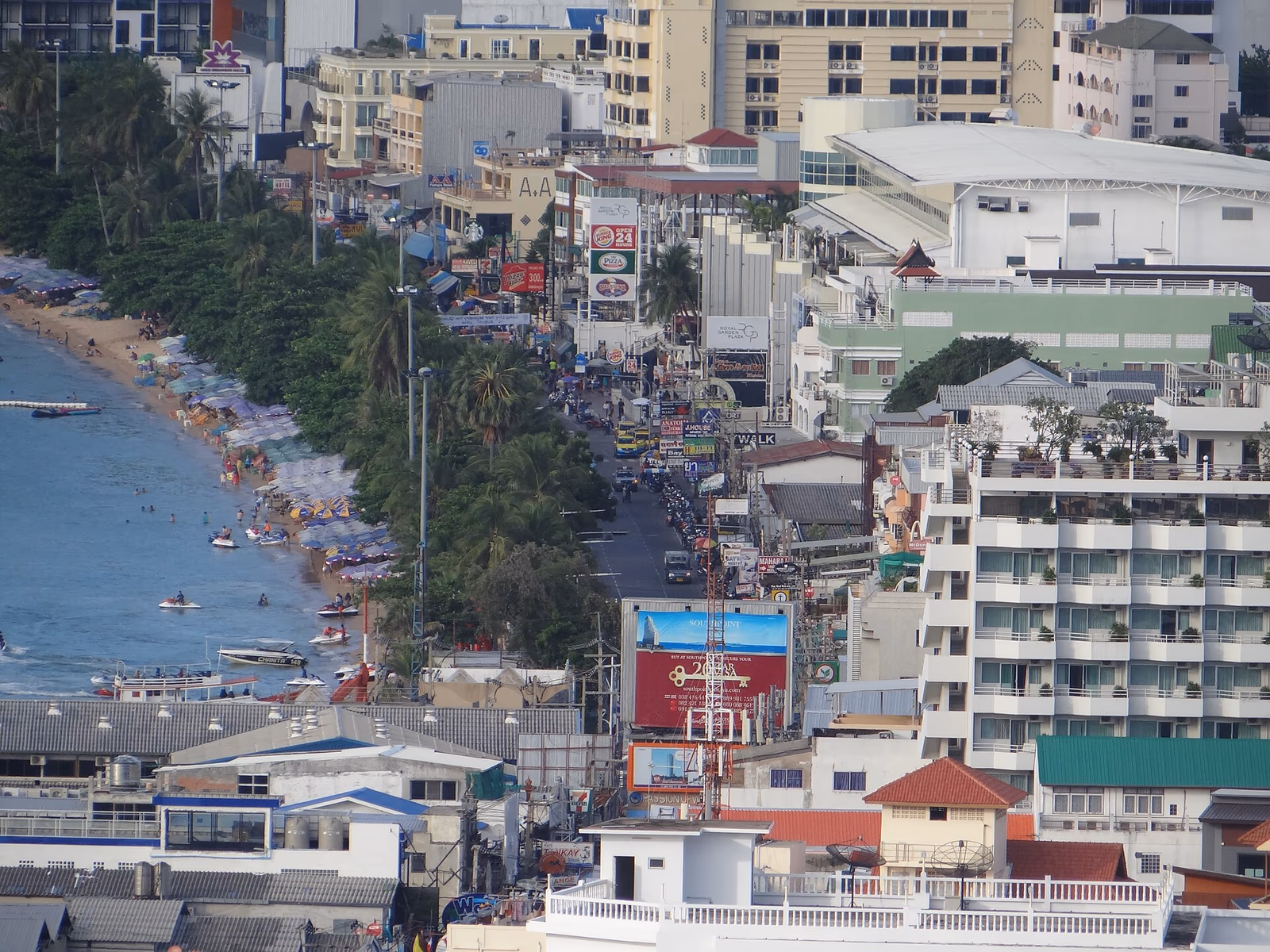 Central Pattaya skyline with high-rise condo towers above Beach Road and Pattaya Bay