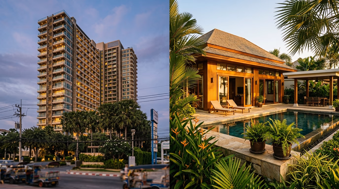 Side-by-side illustration of a Thai condo high-rise and a Thai villa with pool, showing legal ownership structures and foreign buyer rights comparison