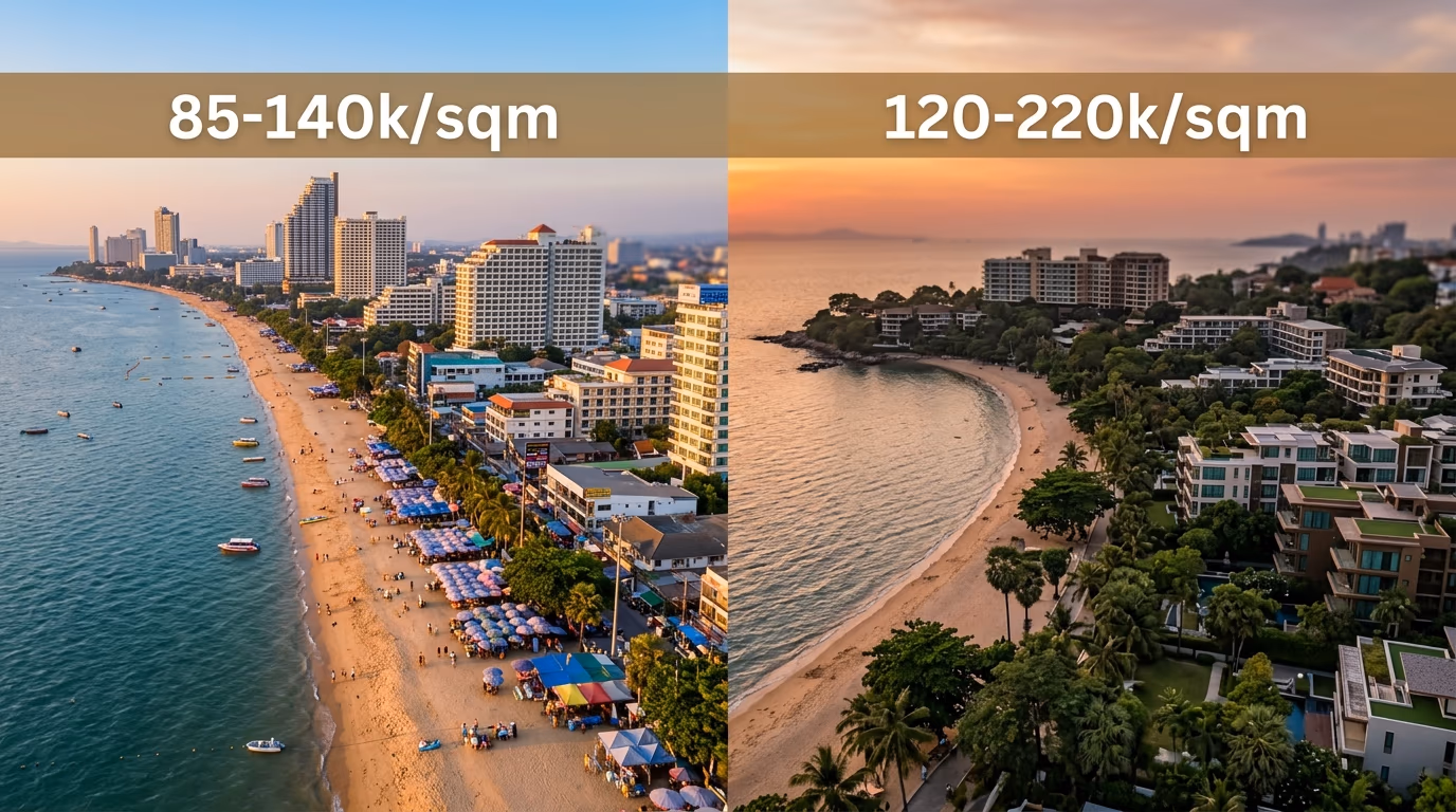 Split aerial view of Jomtien Beach mass-market condo belt and Wongamat Beach premium beachfront towers with 2026 price and yield comparison overlay