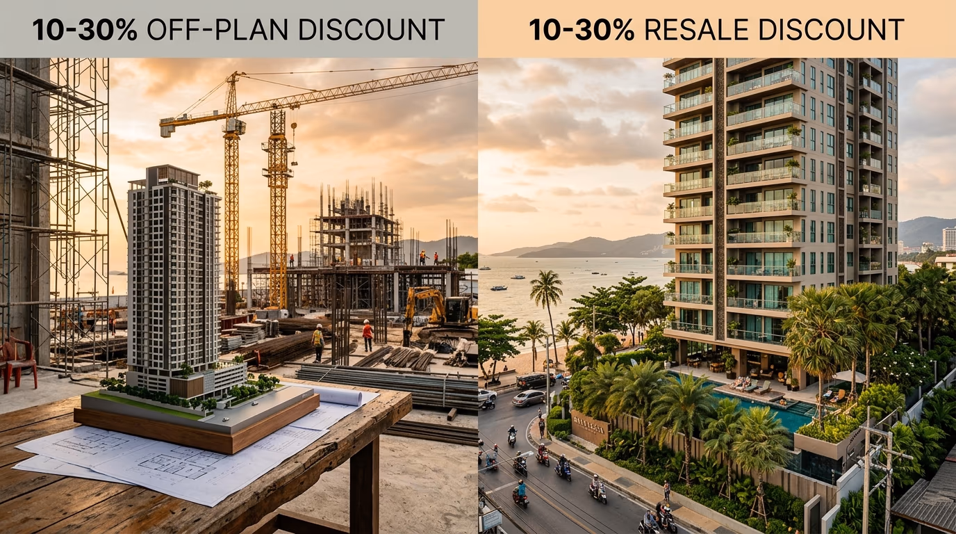 Split composition contrasting an off-plan condo showroom with a completed resale condo tower in Pattaya, with price premium and warranty comparison strip