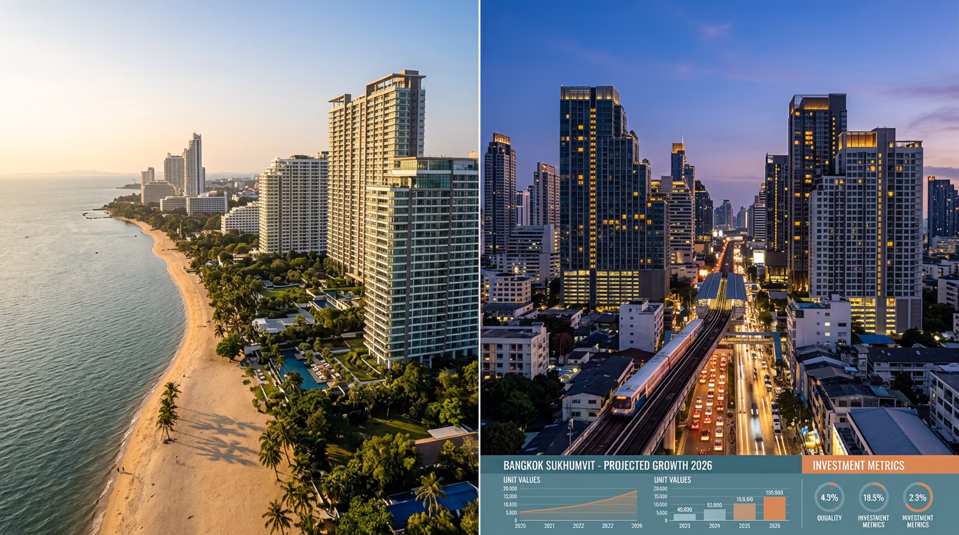 Side-by-side visualisation of Pattaya beachfront towers and Bangkok Sukhumvit skyline with 2026 price and yield data overlay
