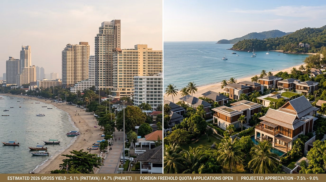 Side-by-side view of Pattaya Jomtien beachfront towers and Phuket Bang Tao beachfront villas with 2026 yield and freehold quota comparison overlay