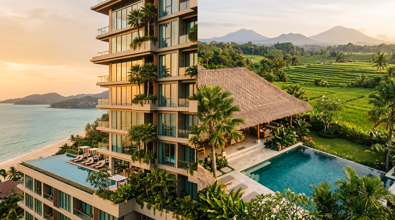 Comparative illustration of Thailand condo ownership versus Bali villa leasehold with legal framework and yield data overlay