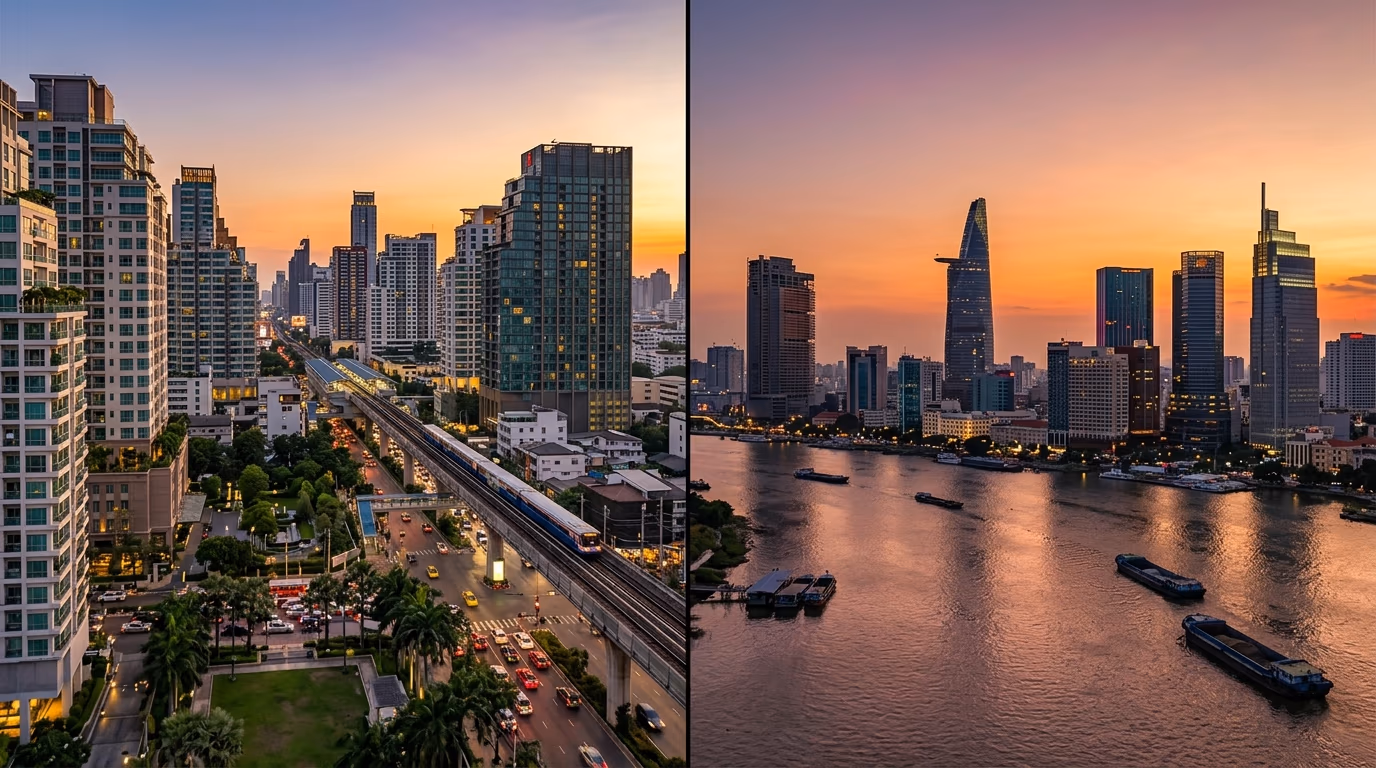 Side-by-side visual of Bangkok Sukhumvit skyline and Ho Chi Minh City District 2 skyline with 2026 foreign ownership and yield comparison overlay