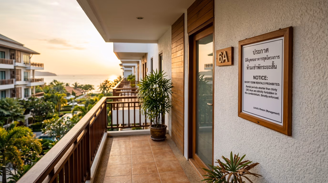 Thai condominium corridor with a juristic-person notice in Thai and English stating that rentals shorter than 30 days are prohibited