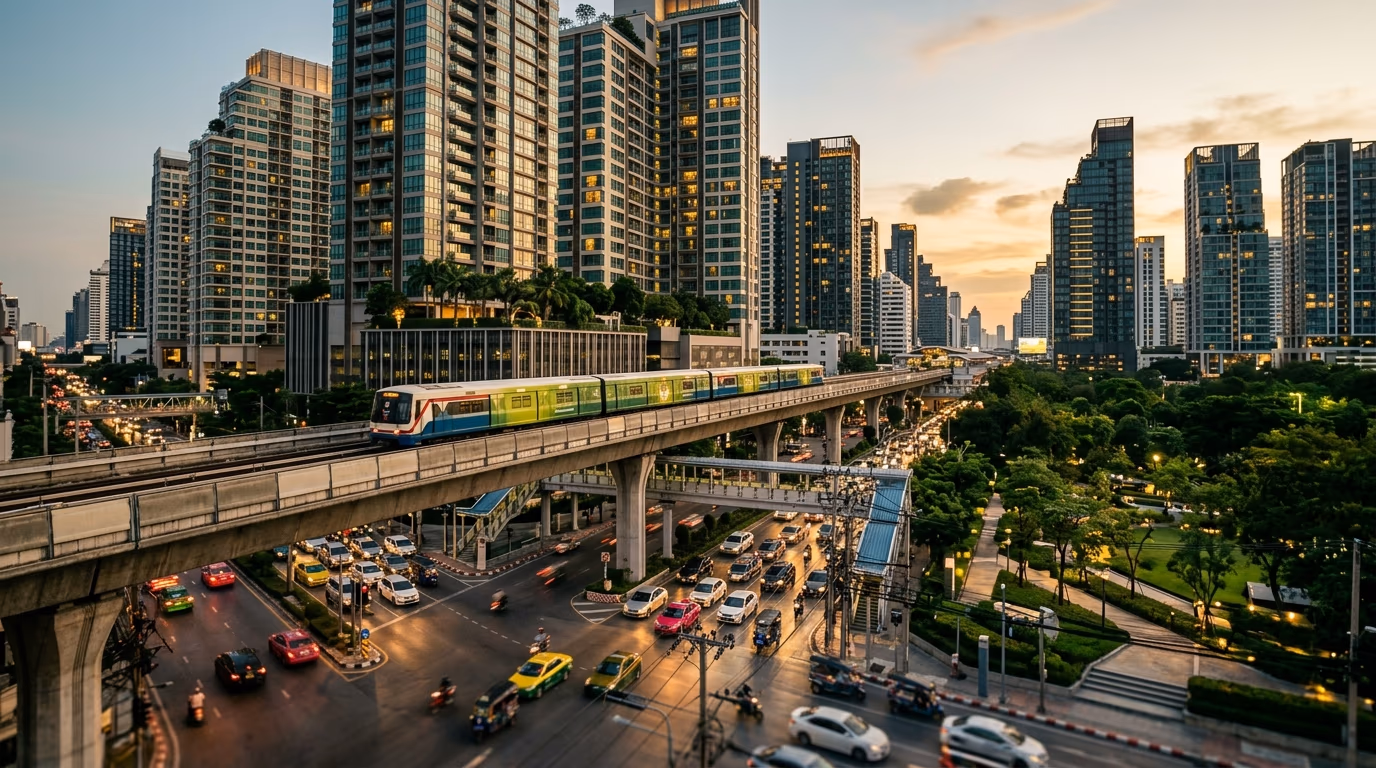 Bangkok BTS Sukhumvit Line train passing above Asok intersection with high-rise condo towers at Asok-Phrom Phong corridor and Benchasiri Park visible at dusk