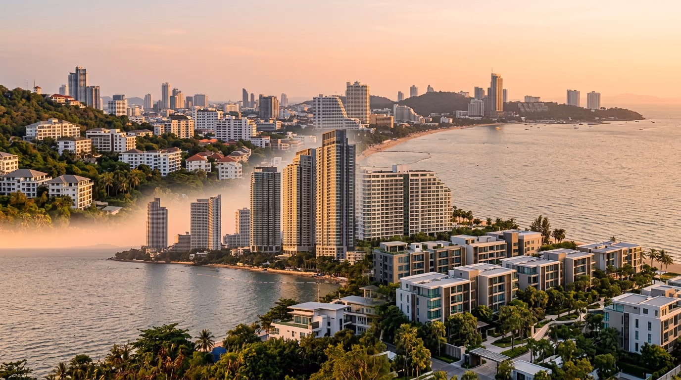Composite of Pattaya skyline showing Wongamat high-rise towers, Jomtien beachfront projects, Pratumnak hillside condos, and Na Jomtien new low-rise beachfront buildings at sunset