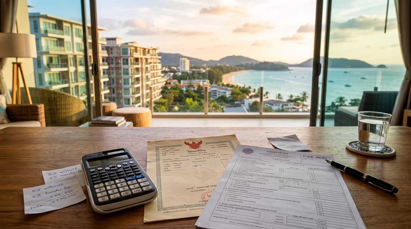 A calculator, Thai Revenue Department PND tax return forms, and a condominium chanote arranged on a desk to illustrate tax on condo sale