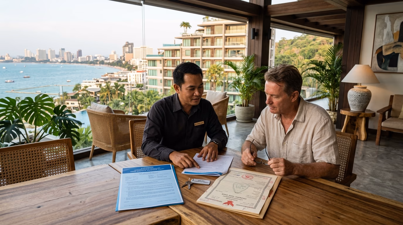 Thai condominium lobby with a broker reviewing a home contents insurance policy with an owner, illustrating the split between building cover held by the juristic person and contents plus liability cover held by the unit owner