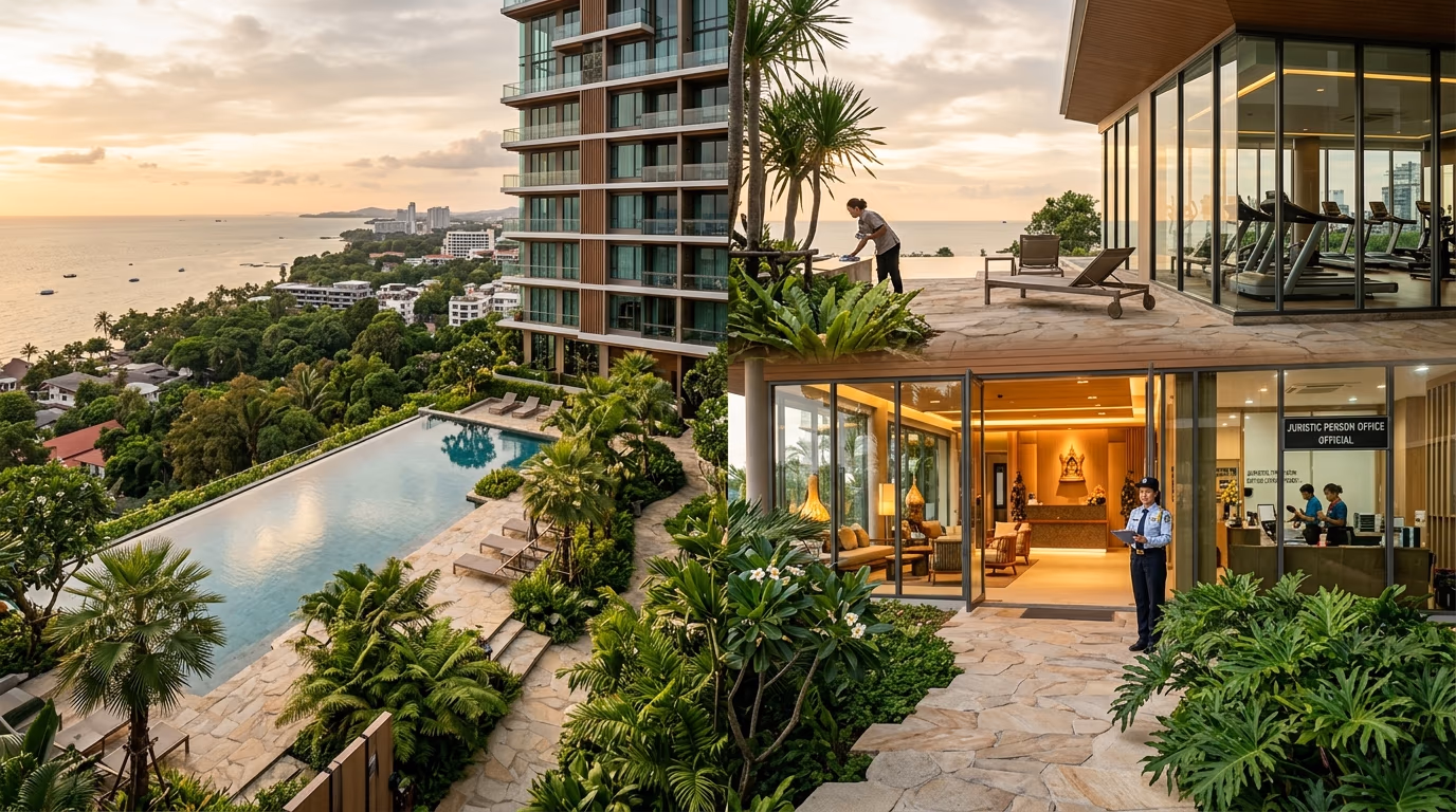 Thai condominium lobby, pool deck, and landscaped gardens showing the common areas that maintenance fees pay to operate