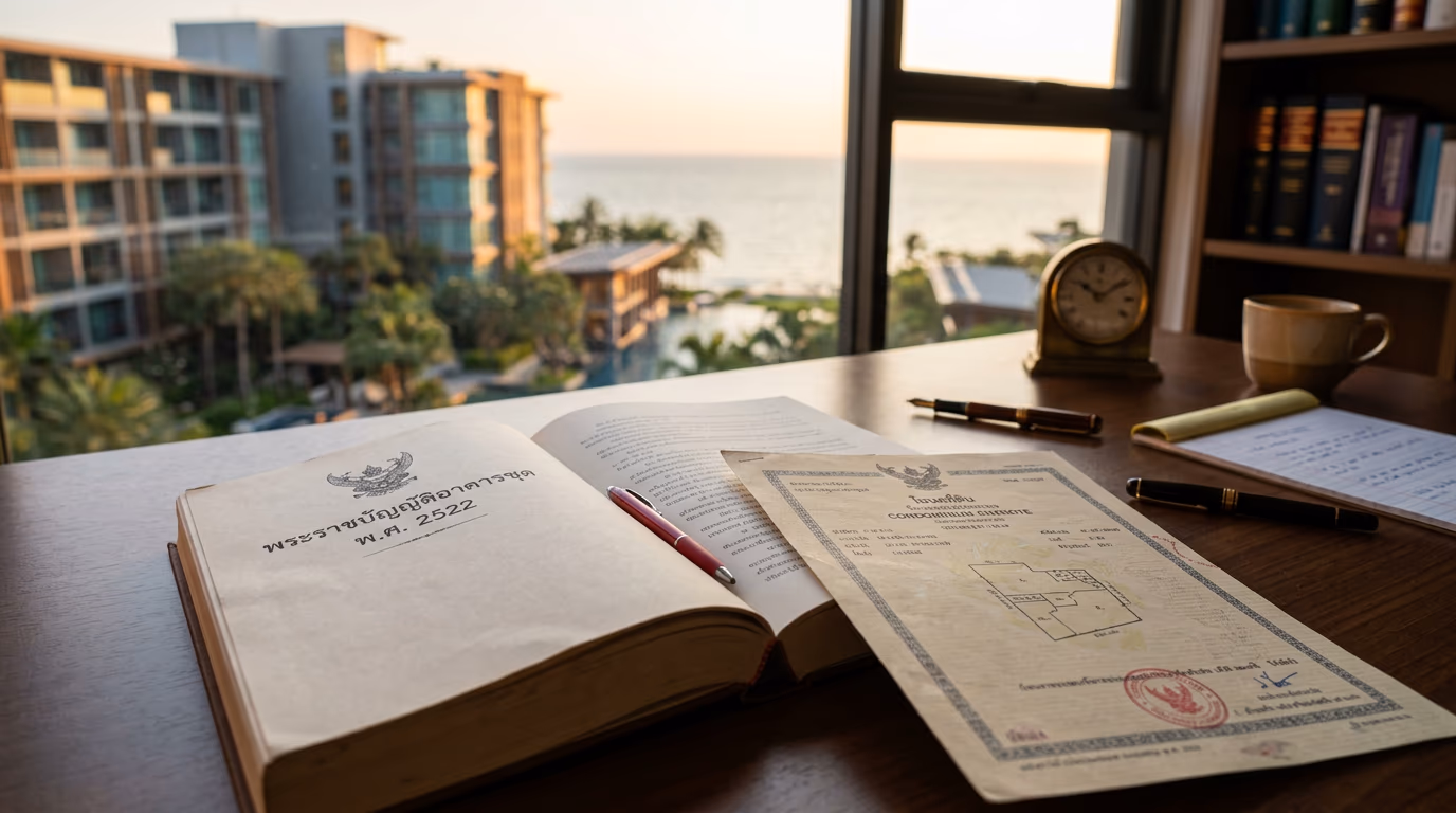 A printed copy of the Thai Condominium Act B.E. 2522 statute and a condominium chanote certificate on a law office desk