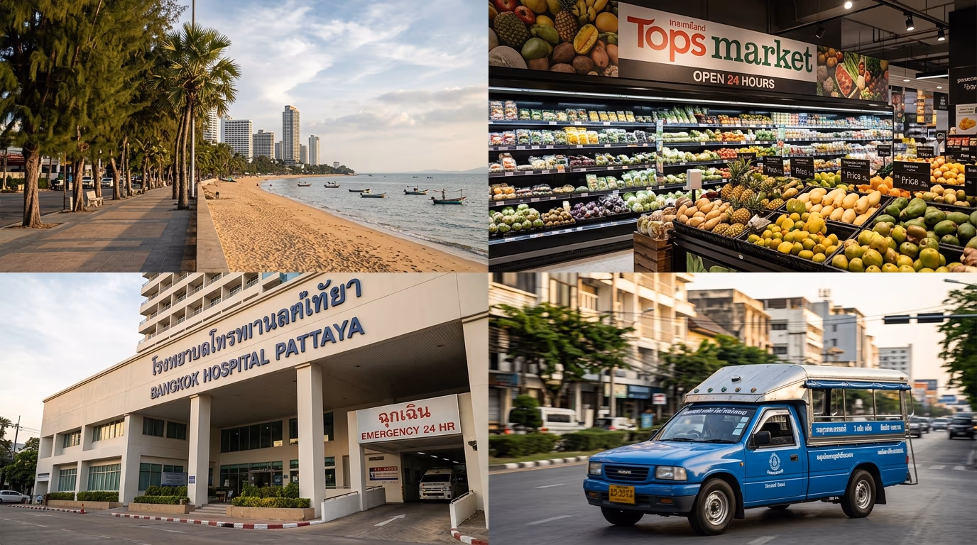 Split composite of Jomtien beachfront promenade, Tops supermarket produce shelves, Bangkok Hospital Pattaya entrance, and a songthaew baht bus on Second Road in Pattaya