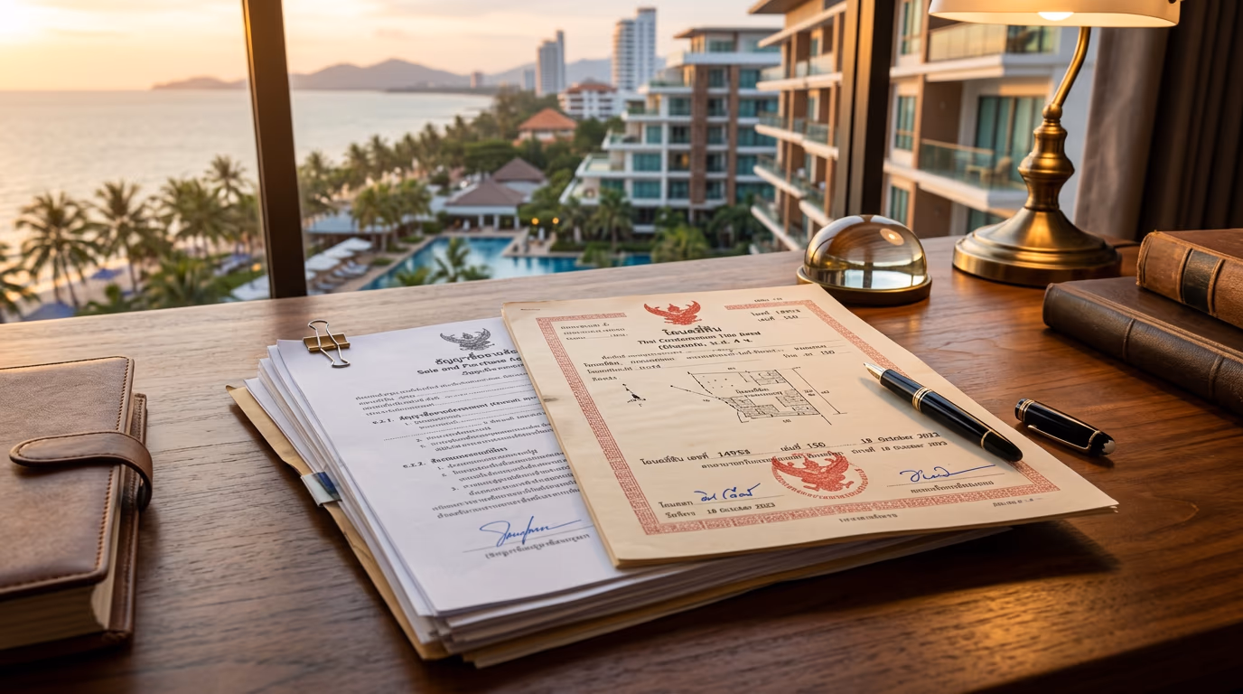 Thai condominium title deed document (chanote) stacked with sale and purchase agreement and developer records on a legal desk, representing the due diligence file a foreign buyer must assemble before purchase