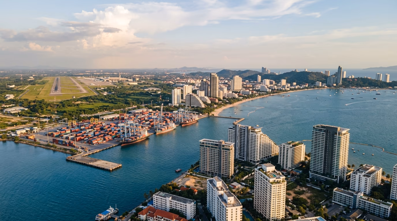 Aerial composite of U-Tapao airport runway, Laem Chabang port container terminals, and the Pattaya beachfront skyline along the Eastern Economic Corridor