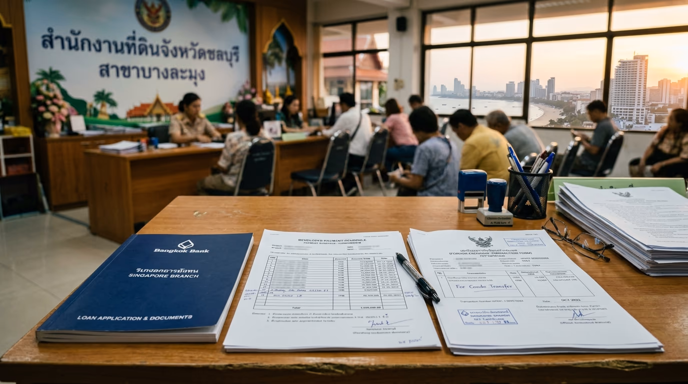 Thai condominium financing options comparison with Bangkok Bank Singapore loan documents, developer payment schedule, and FET certificate on a desk at a Pattaya Land Department transfer appointment