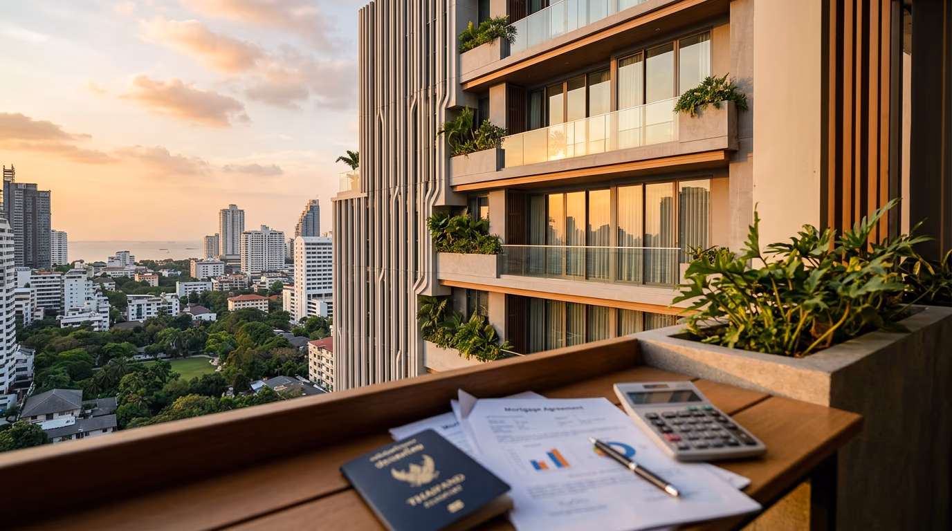 Bangkok Bank Singapore branch signage next to a Thai condominium development with mortgage documents and a foreign passport on the desk