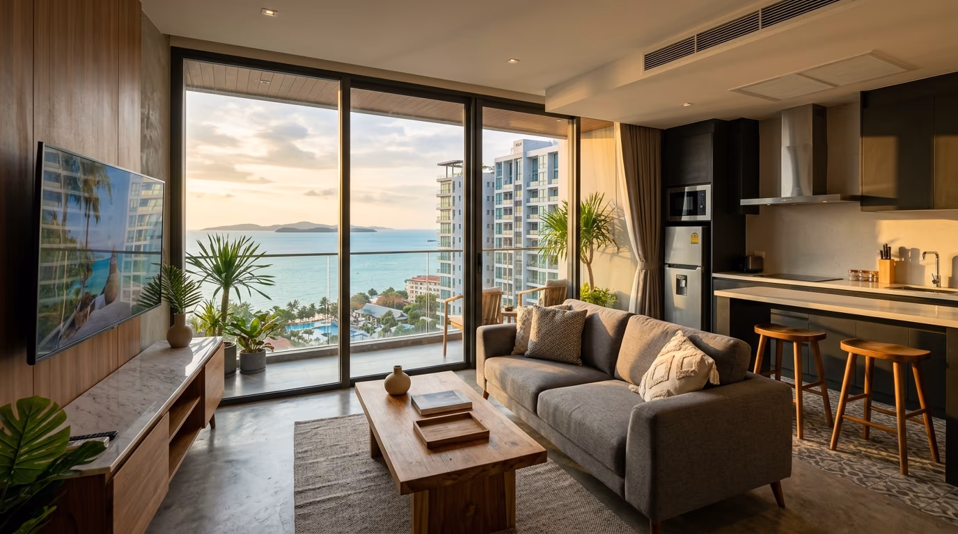 Furnished Thai condominium one-bedroom living room and kitchen with sofa, coffee table, 55-inch smart TV, and fitted kitchen appliances in modern Pattaya tower