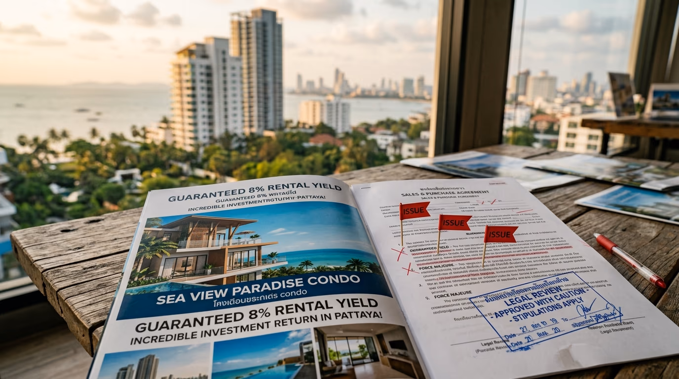 Thai condominium sales brochure showing a guaranteed 8% rental yield headline next to a contract marked with red warning flags and a legal review stamp