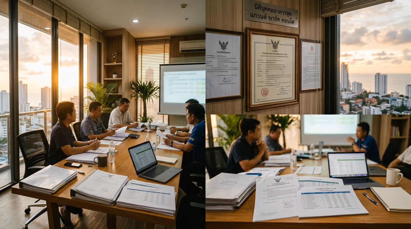 Thai condominium management office with committee meeting table, financial statements, and the condominium juristic person registration certificate from the Land Department on display
