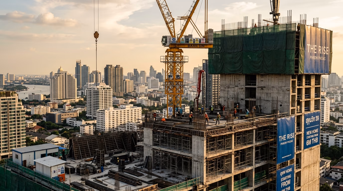 Bangkok off-plan condominium construction site with tower crane and partial structure framed against a skyline of completed residential high-rises, representing pre-construction condo purchases in Thailand