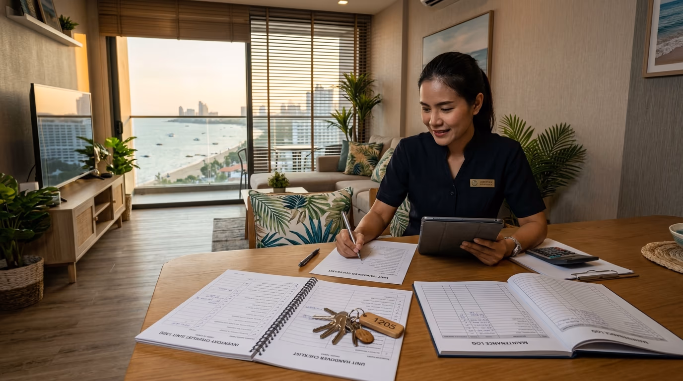 Pattaya condominium property manager inspecting a Jomtien tenant-ready condo with inventory checklist, maintenance log, and handover keys on the dining table