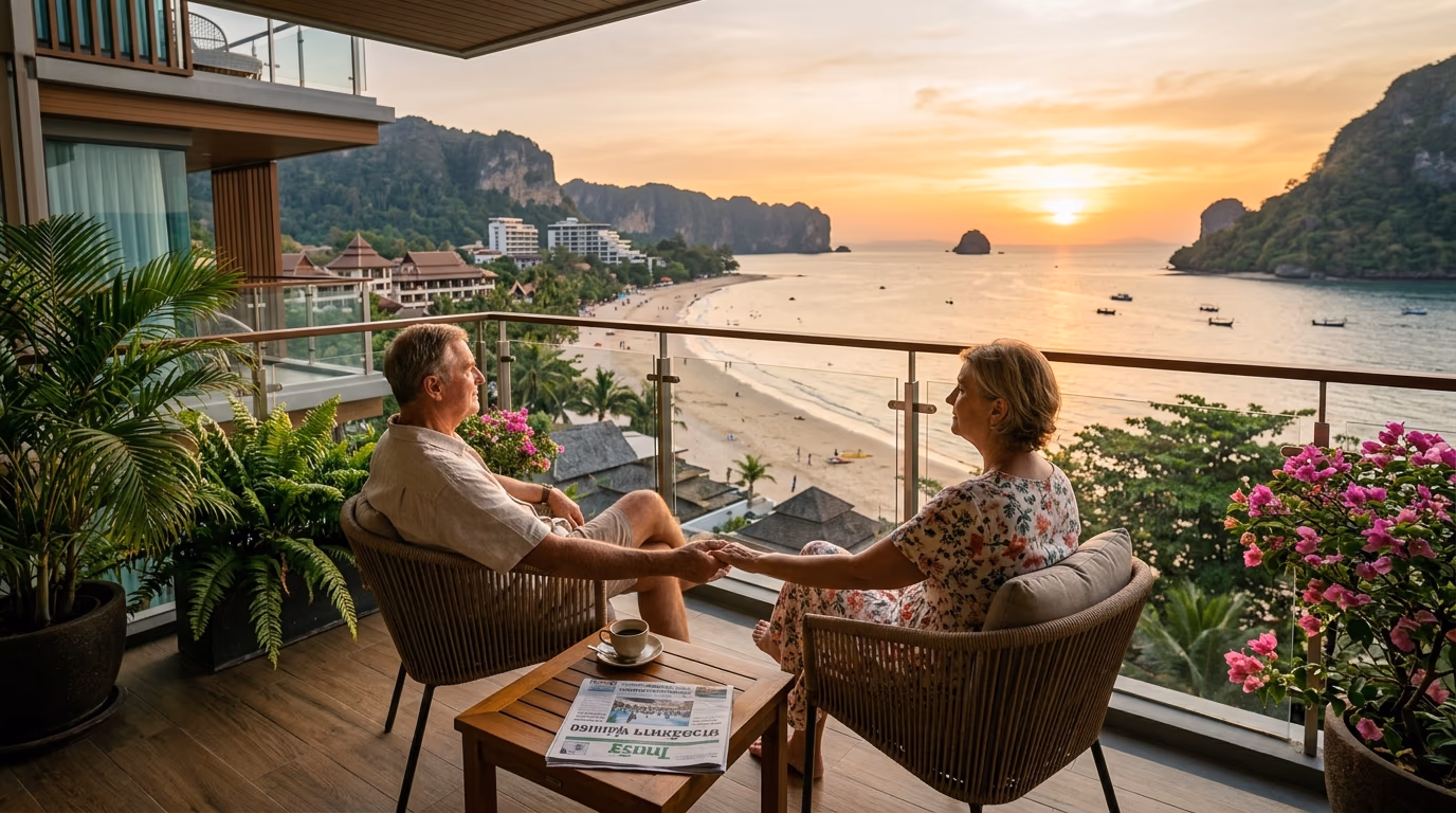A retired couple sits on a condominium balcony overlooking a Thai beach at sunset, with a coffee cup and Thai language newspaper on the side table