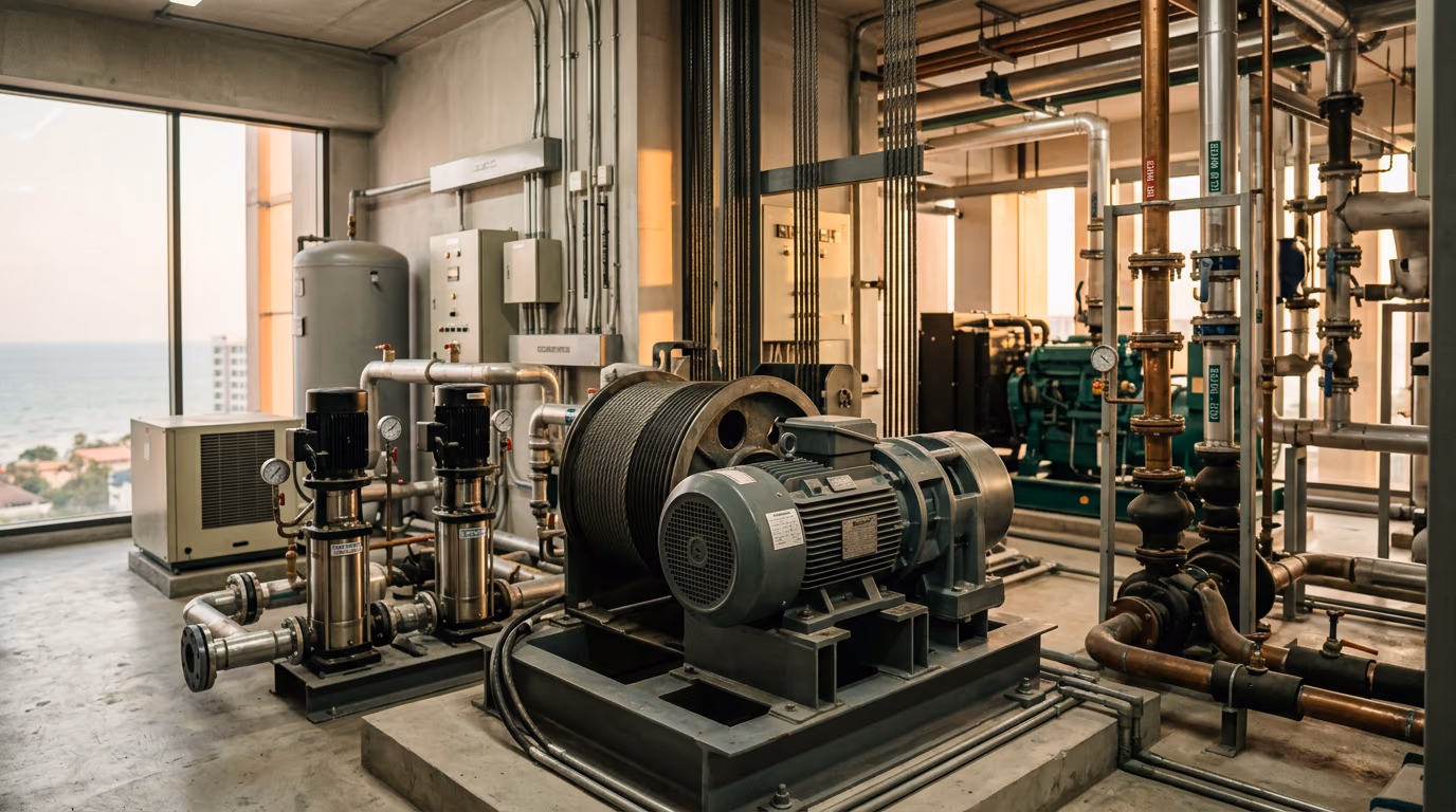 Thai condominium mechanical room showing elevator machinery, water pumps, and building services equipment representing the large capital expenditures a sinking fund is designed to cover over a condo's operational life