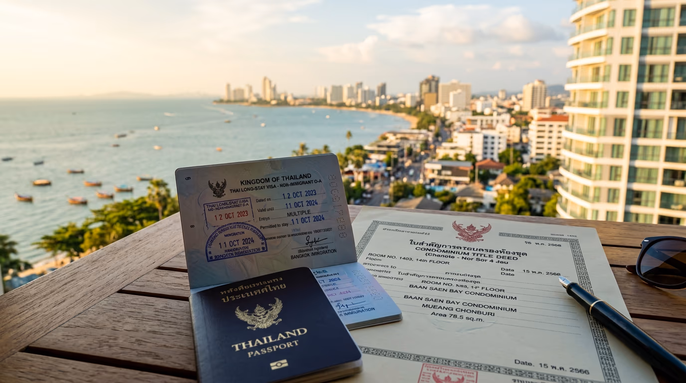Thai long-stay visa stamp in a passport alongside a condominium ownership certificate, illustrating that property purchase and visa status are separate legal tracks