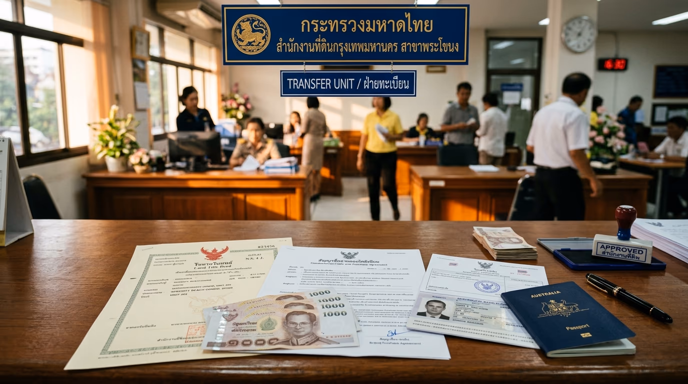 Thai Land Department transfer counter with condominium title deed, SPA document, and tax receipts laid out for a registration appointment