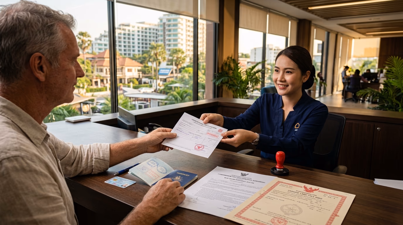 A Thai commercial bank teller handing a stamped Foreign Exchange Transaction form to a foreign buyer with a passport, chanote title deed, and condominium sale contract on the counter, illustrating the FET documentation step required for foreign-quota condo registration
